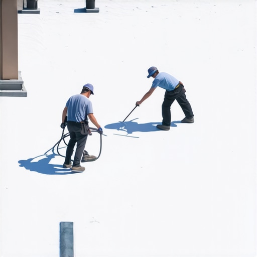 A team of workers spray a reflective white coating onto a commercial building roof, demonstrating proper application techniques.