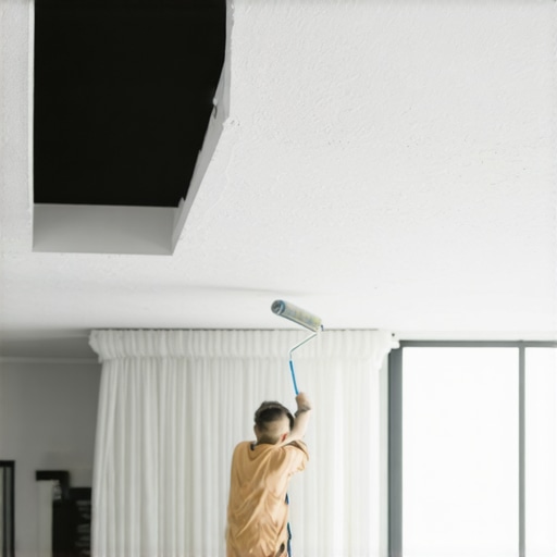 Painter applying waterproof ceiling paint in bathroom with roller