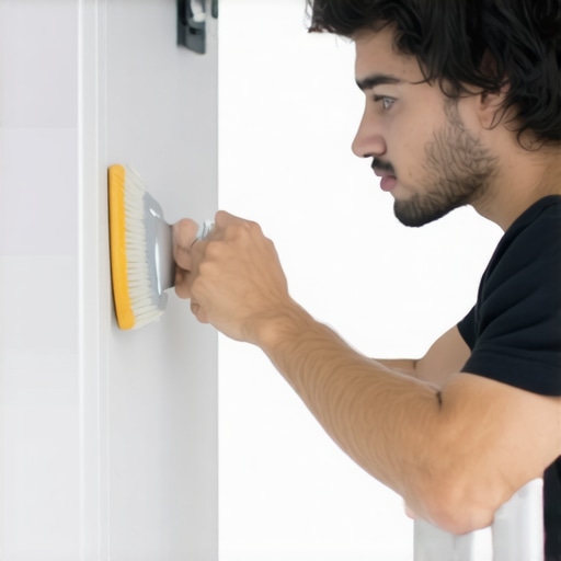 Painter applying primer onto kitchen cabinets to ensure a smooth finish