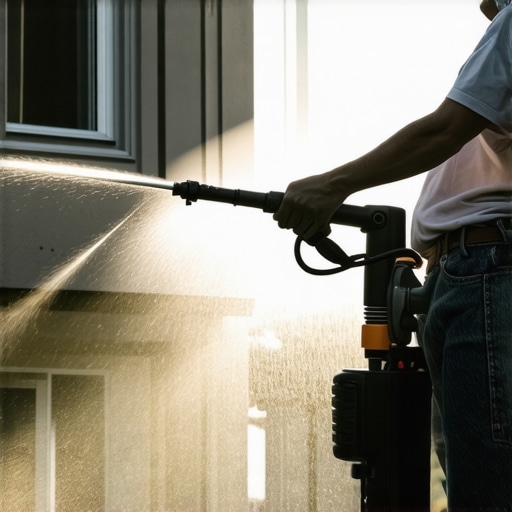 A person using a Kärcher K5 pressure washer to clean house siding carefully