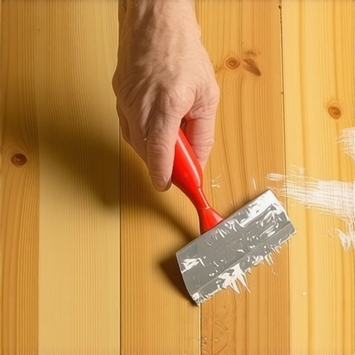 Person using a plastic putty knife to lift dried paint drip from hardwood floor