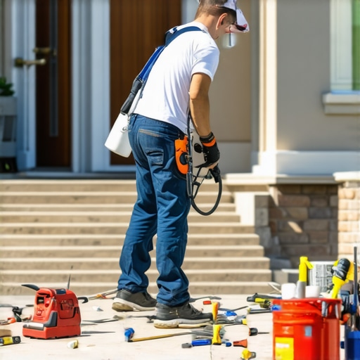 Painter operating a high-end paint sprayer on a house exterior, with organized tools and supplies around.