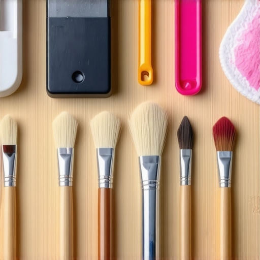 Paintbrushes, moisture meter, and cleaning supplies organized on a workbench.