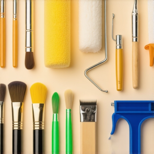 Arrangement of high-quality painting tools including brushes, rollers, and sprayers on a workbench.