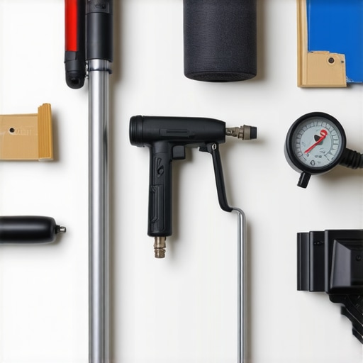 Equipment laid out for house painting including rollers, sprayers, and tools.