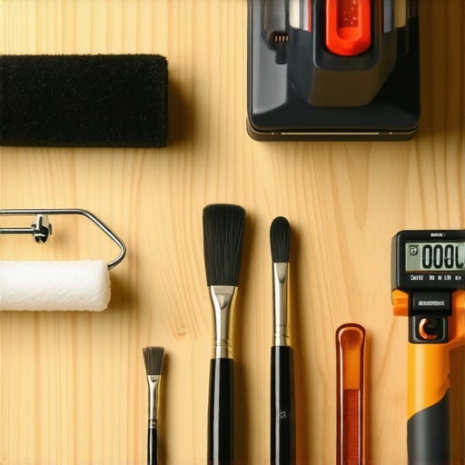 Professional painting tools arranged on a workbench for house maintenance