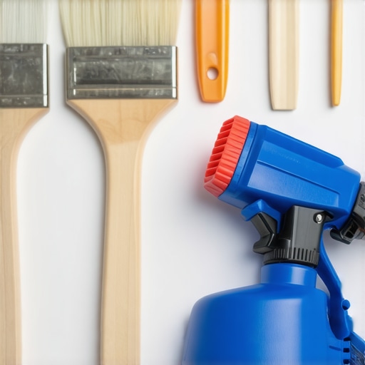 A set of professional-grade painting tools including sprayers, brushes, and surface prep equipment neatly arranged