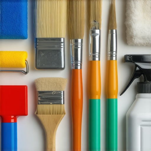 Essential tools for long-lasting house paint finishes Arrangement of high-quality painting tools with maintenance accessories.
