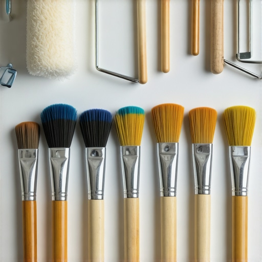 Maintained Painting Tools Ready for Use Clean and organized painting brushes and rollers on a workbench.