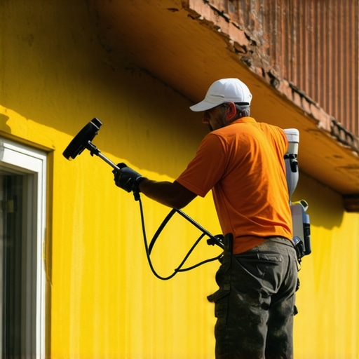 Painter applying house paint with advanced sprayer equipment