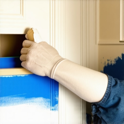 Close-up of painter peeling tape from cleanly painted trim