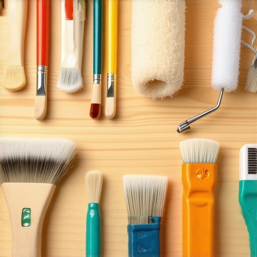 Premium Painting Tools Ready for Use A set of professional-grade paintbrushes and rollers with cleaning brushes on a workbench.