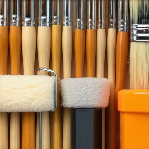 A collection of high-quality brushes, rollers, and a cleaning device used for professional house painting.