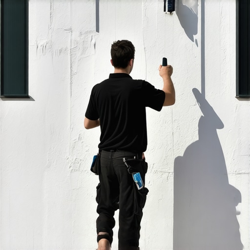 Painter cleaning exterior wall with pressure washer and brushes