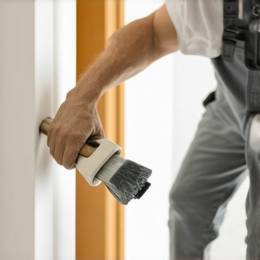 Homeowner sanding and priming white house trim