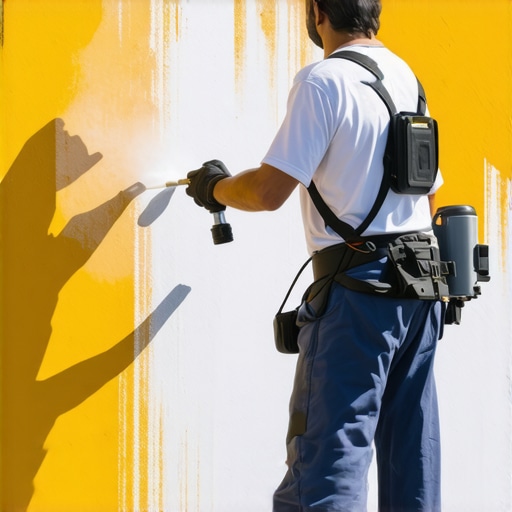 A painter in the process of spray painting a wall with a professional-grade sprayer, demonstrating even application