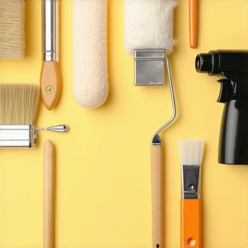 A collection of high-quality painting tools ready for use, including brushes, rollers, and a paint sprayer.