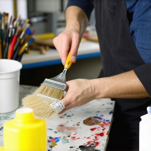 A set of clean, organized paint brushes and rollers drying and stored in a painter's workshop.