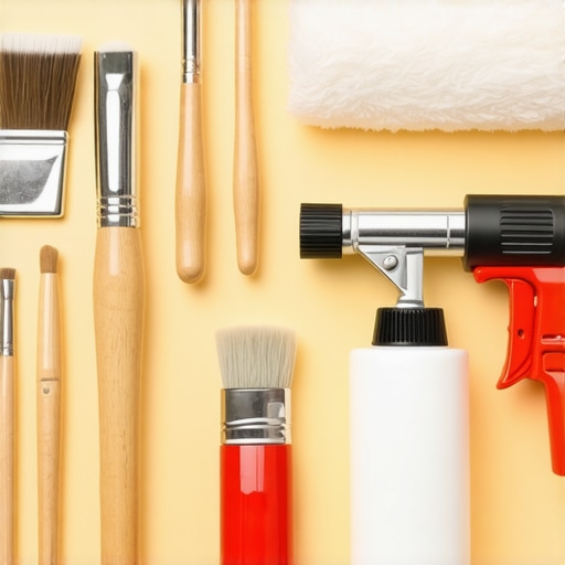 Professional painting equipment showcasing brushes, rollers, and spray guns for house painting