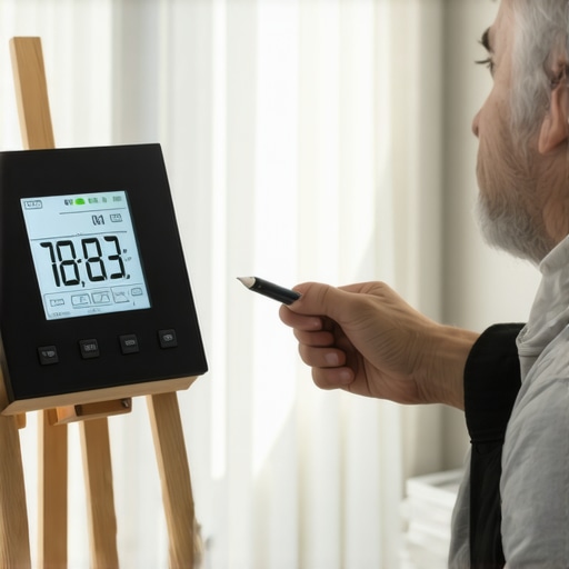 A person holding a digital hygrometer to monitor humidity for painting.