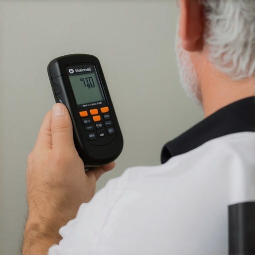 Hand using a digital moisture meter on a painted wall in daylight.