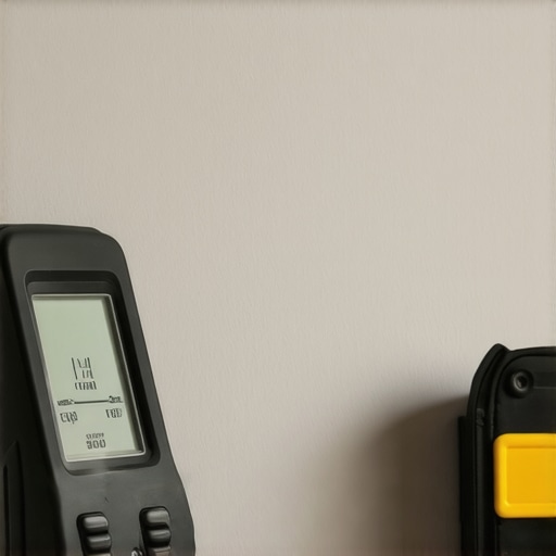 A person testing wall moisture with a handheld moisture meter during home maintenance.