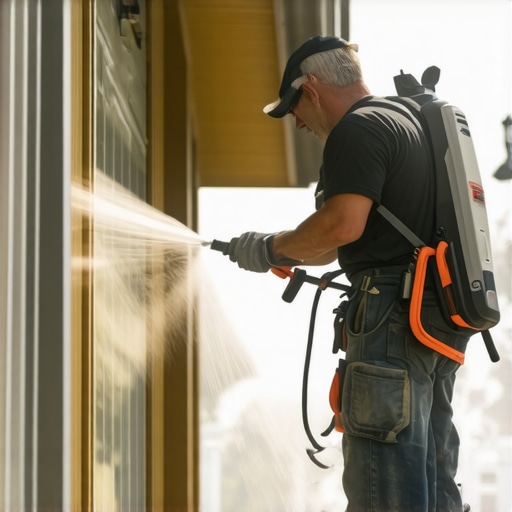 Painter cleaning house exterior with pressure washer for long-lasting paint