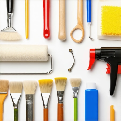 A collection of clean, organized painting tools including brushes, rollers, and spray equipment.