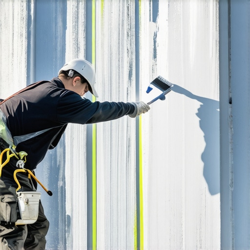 Painter priming stucco foundation to prevent moisture intrusion during renovation.