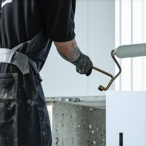A worker expertly painting a concrete floor using a roller for high durability.