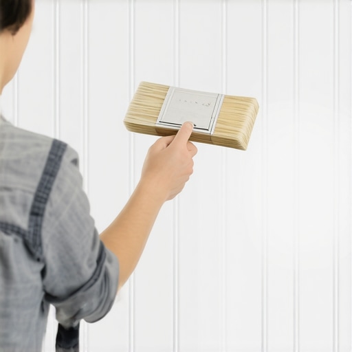 A hand painting bathroom wall with satin finish paint using a brush