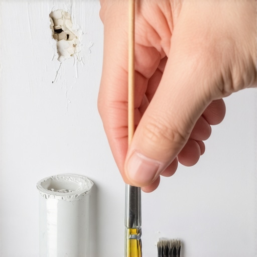 A person inserting a toothpick into a screw hole on a wall for patching.