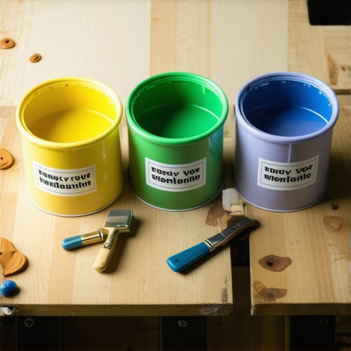 Paint cans showcasing ingredient labels and certifications on a workbench