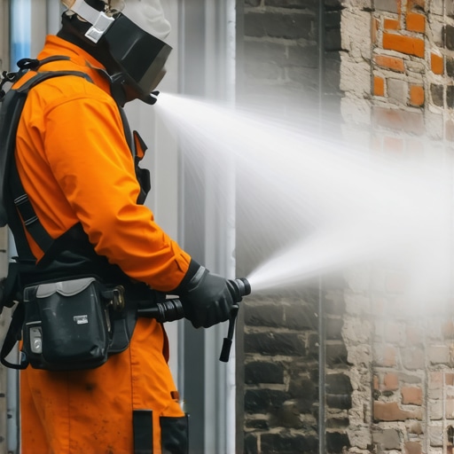 Person using power washer to clean brick wall in preparation for painting