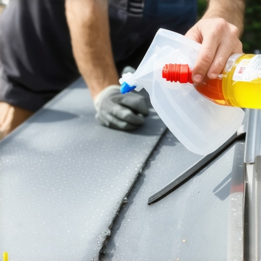 Homeowner spraying vinegar solution on galvanized gutters for cleaning
