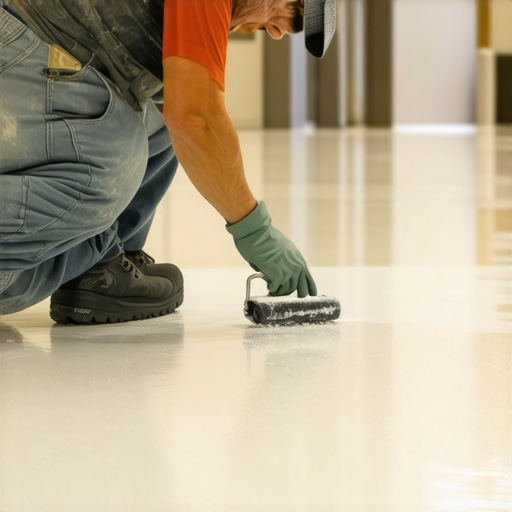 A professional painter applying high-durability epoxy paint in a busy lobby.
