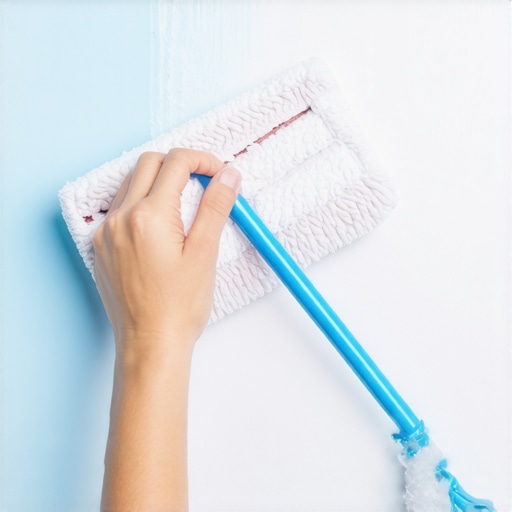 Effective dusting technique for painted walls. Hand cleaning wall with microfiber mop to maintain paint finish.