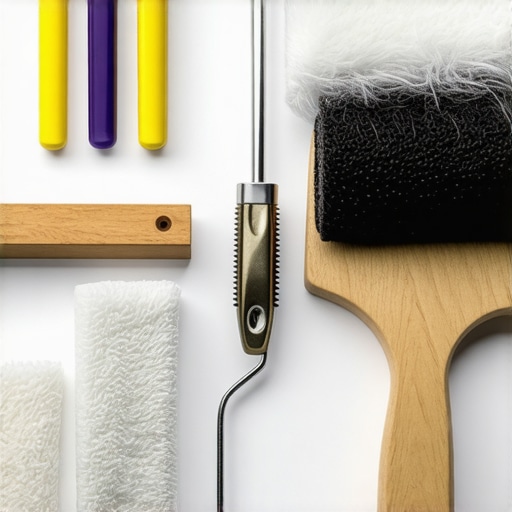 A professional painter's toolkit with microfiber roller and scraper for house painting