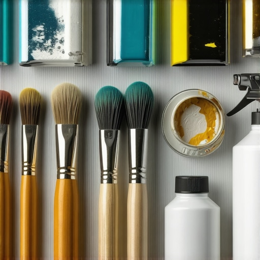 A professional painter's organized workspace showing brushes, spray gun, and other tools.