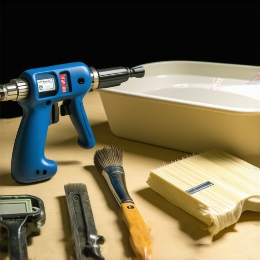 A collection of high-end painting tools arranged on a workbench, including spray gun, moisture meter, brush, and cleaning supplies.