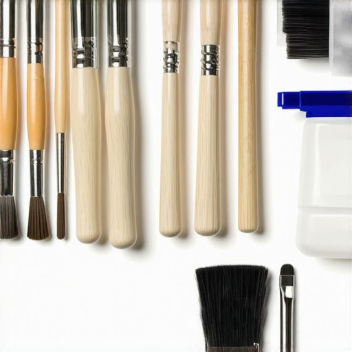 A collection of professional painting tools laid out on a workbench, showcasing brushes, sprayers, and cleaning supplies, emphasizing quality and maintenance.