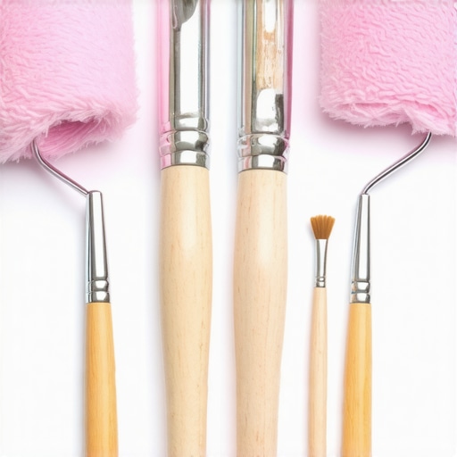 A set of professional-grade paintbrushes and rollers on a work table, prepared for exterior house painting