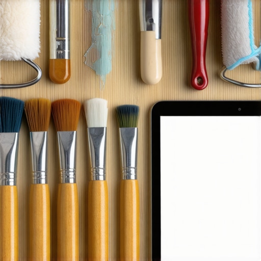 Essential Tools for Durability in House Painting A collection of professional-grade painting tools including brushes, rollers, painter's tape, and a digital planning tablet.