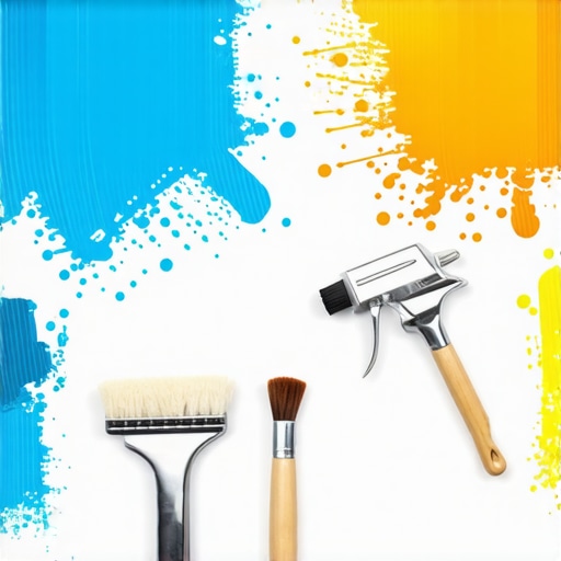 Essential painting tools for home projects A collection of high-quality brushes, rollers, and a paint sprayer ready for use at a home painting project.