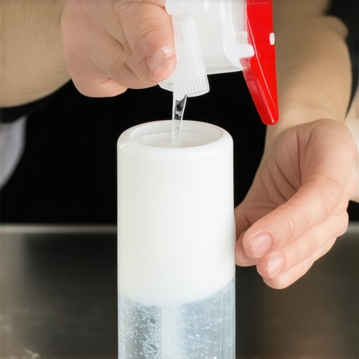 A hand holding a spray bottle filled with vinegar-water mixture for galvanized metal