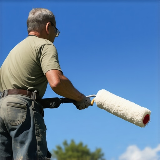Painter using roller to apply thin coat on wall in sunny weather.
