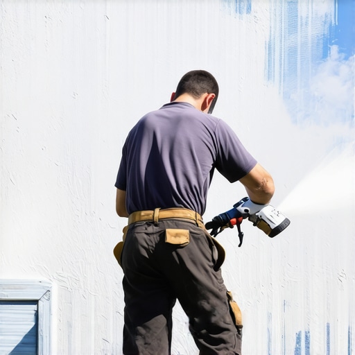 Premium Painting Tools in Action Painter using brushes and spray equipment on textured exterior wall
