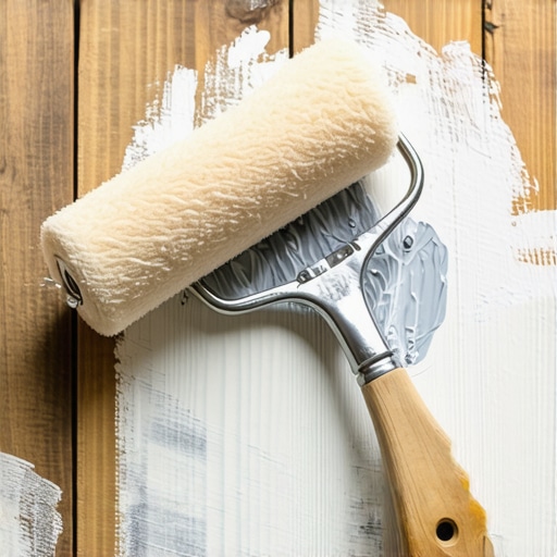 A professional painter applying primer to stained wooden surface using a roller and brush to ensure smooth coverage.