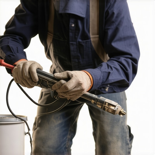 Professional House Painting Equipment in Action A painter with a premium spray gun applying smooth paint in a modern home interior.