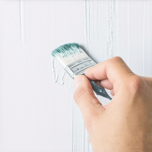 A painter's hand carefully applying paint with a fine brush on a wall to achieve a smooth finish